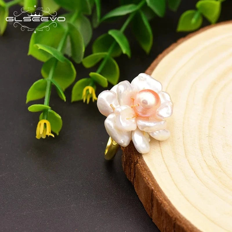 Resizable / GR0237 925 Sterling Silver Ring NaturalBaroque Pearl Flower Adjustable Ring For Women Wedding Engagement Jewelry