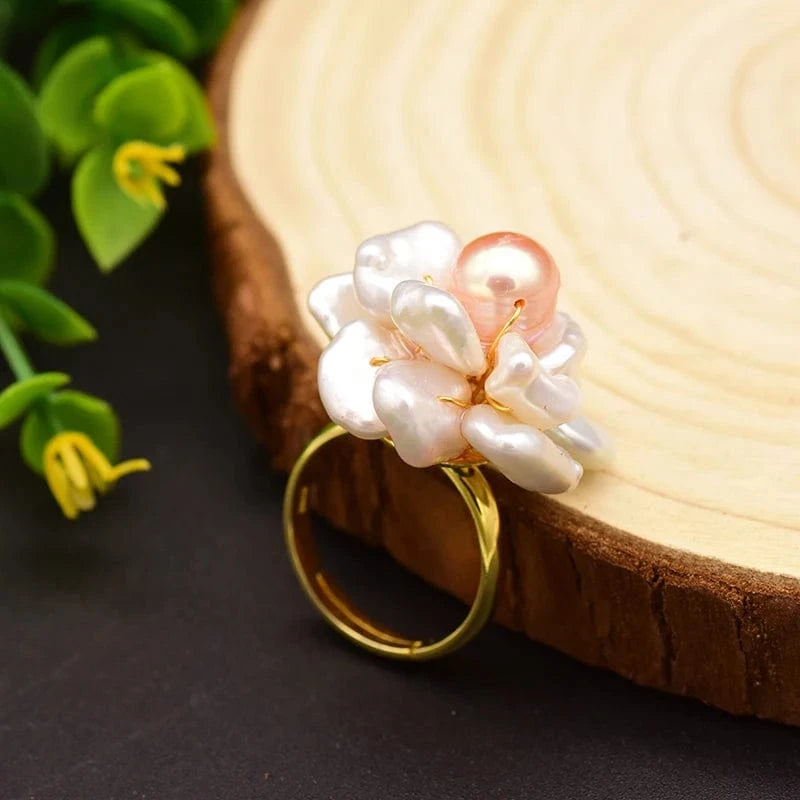 Resizable / GR0237 925 Sterling Silver Ring NaturalBaroque Pearl Flower Adjustable Ring For Women Wedding Engagement Jewelry