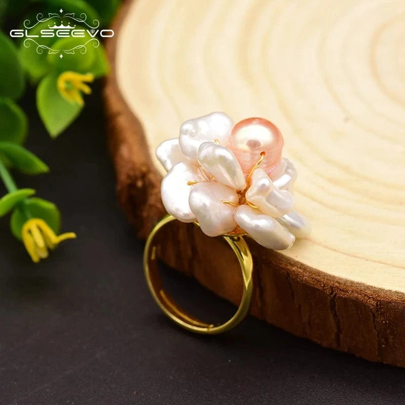 Resizable / GR0237 925 Sterling Silver Ring NaturalBaroque Pearl Flower Adjustable Ring For Women Wedding Engagement Jewelry