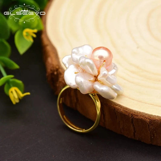 Resizable / GR0237 925 Sterling Silver Ring NaturalBaroque Pearl Flower Adjustable Ring For Women Wedding Engagement Jewelry