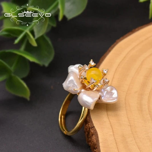 Resizable / GR0266B Natural Baroque Pearl Adjustable Rings 925 Sterling Silver Women's Flower Ring Handmade Gift Jewelry