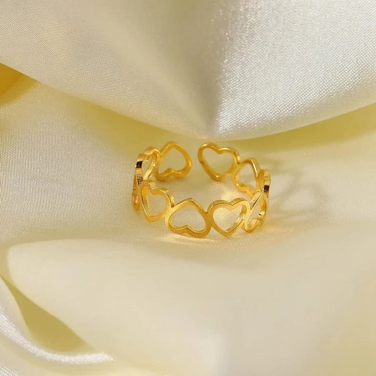 Resizable / heart / JDR201643 Cute 18K Gold Plated Stainless Steel Hollow Love Heart Romantic Adjustable Rings For Women Jewelry