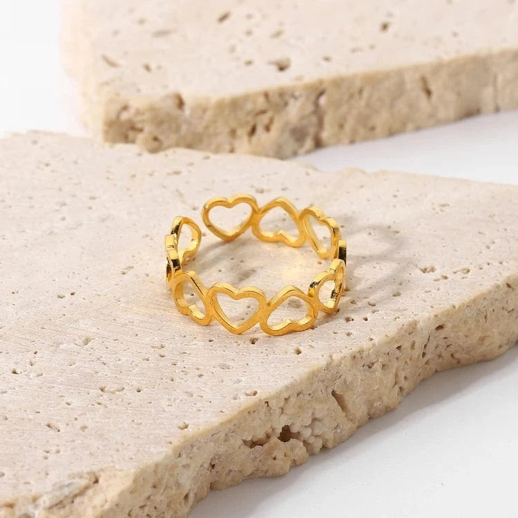 Resizable / heart / JDR201643 Cute 18K Gold Plated Stainless Steel Hollow Love Heart Romantic Adjustable Rings For Women Jewelry