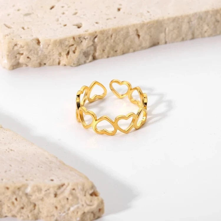 Resizable / heart / JDR201643 Cute 18K Gold Plated Stainless Steel Hollow Love Heart Romantic Adjustable Rings For Women Jewelry