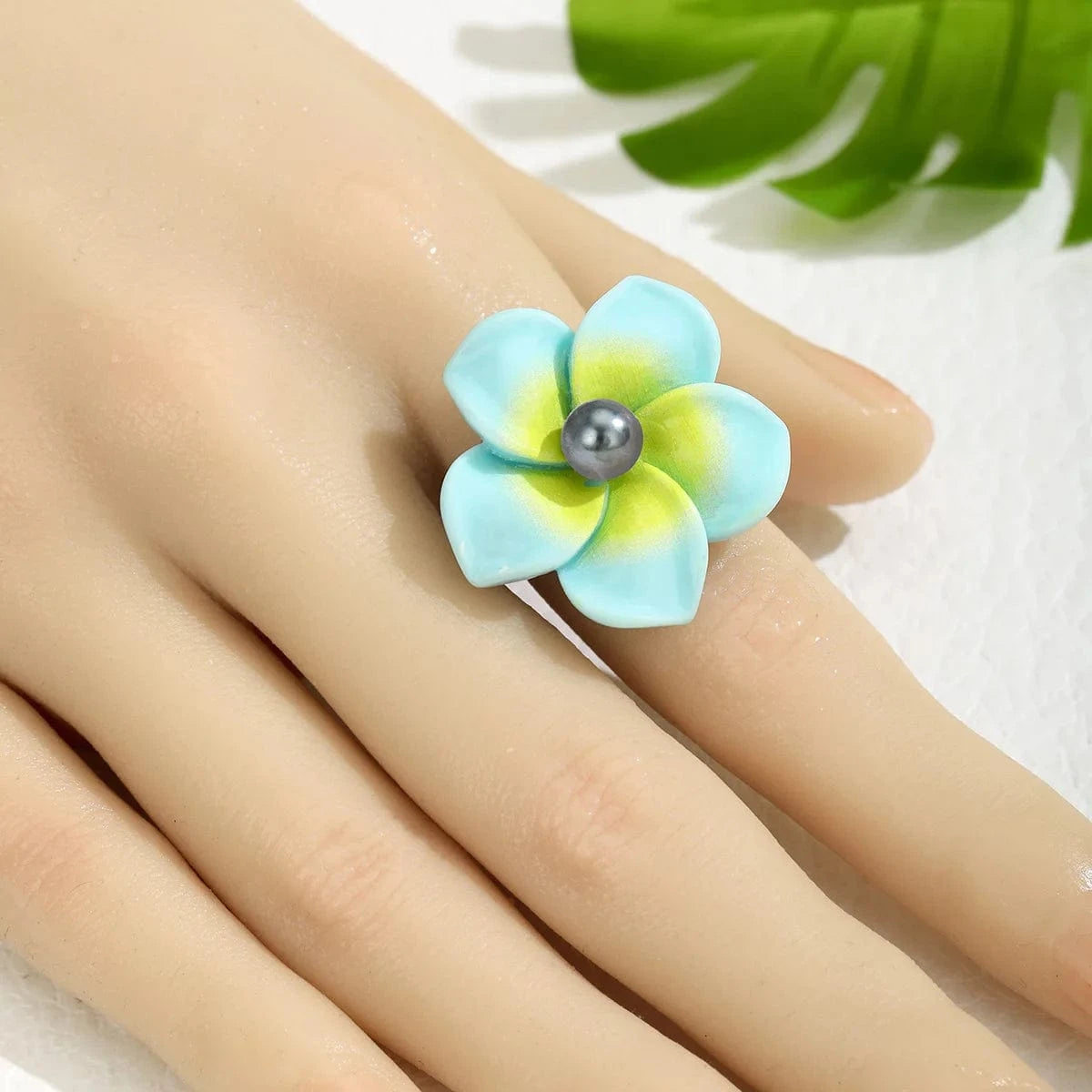 Resizable / HEX575-1 BLUE hawaii jewelry stainless steel base  plumeria flower shell  Pearl Rings women flexible ring