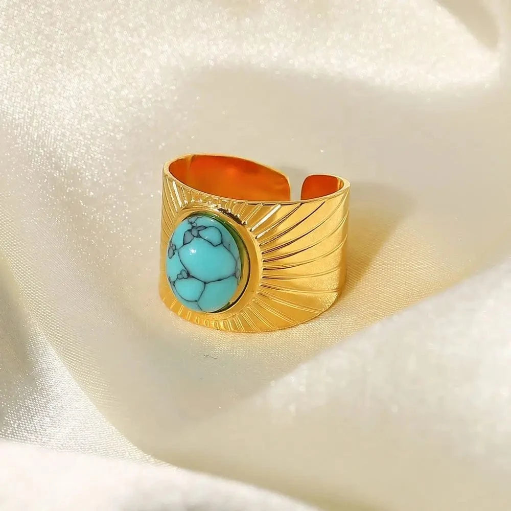 Resizable / Hip hop / R2119 R2119 18k Gold Plated Turquoise Swirl Marks Wide Opening Stainless Steel Rings For Women Jewelry
