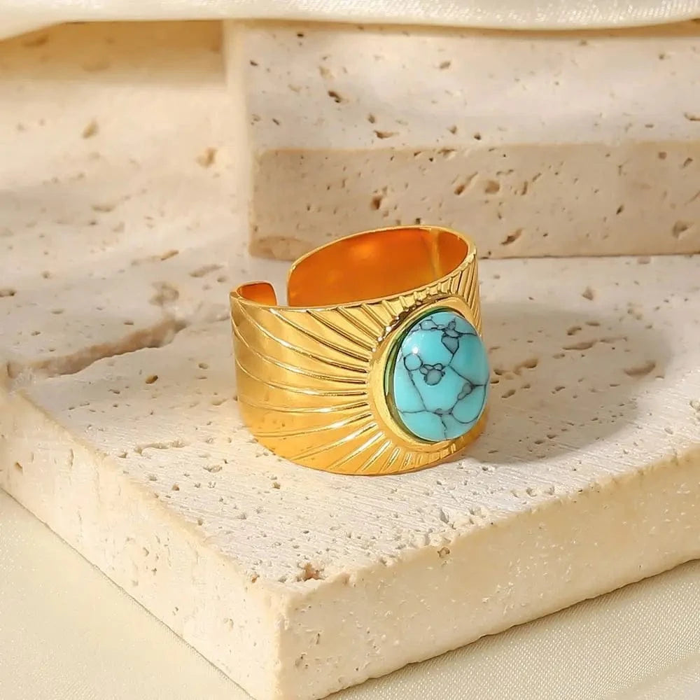 Resizable / Hip hop / R2119 R2119 18k Gold Plated Turquoise Swirl Marks Wide Opening Stainless Steel Rings For Women Jewelry