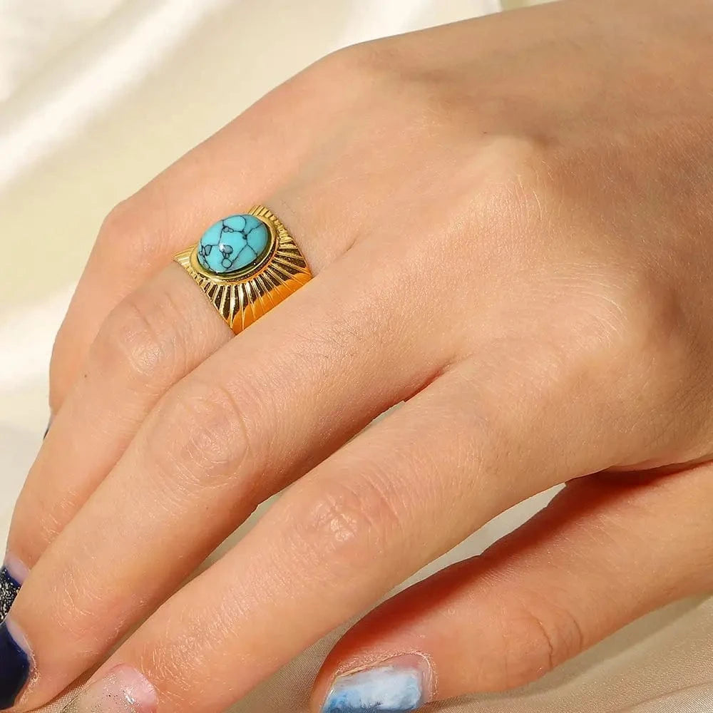 Resizable / Hip hop / R2119 R2119 18k Gold Plated Turquoise Swirl Marks Wide Opening Stainless Steel Rings For Women Jewelry