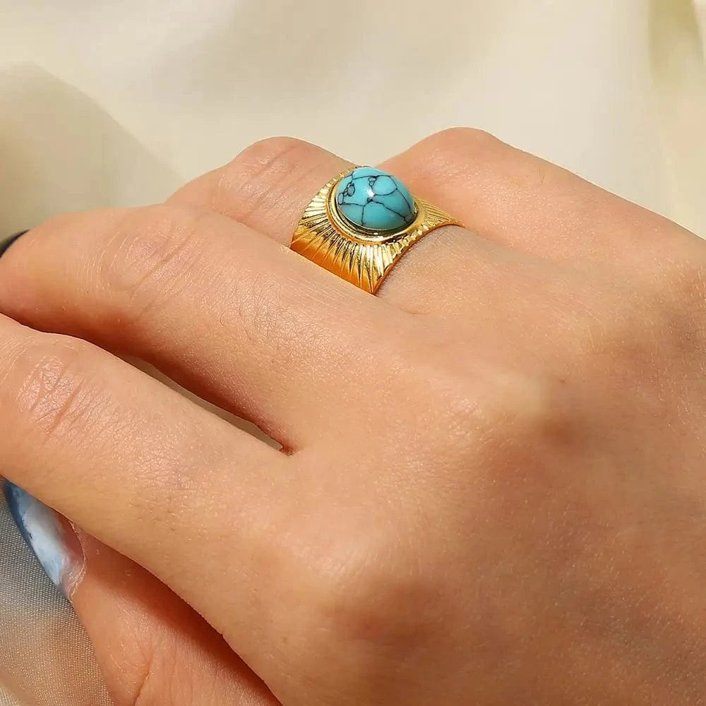 Resizable / Hip hop / R2119 R2119 18k Gold Plated Turquoise Swirl Marks Wide Opening Stainless Steel Rings For Women Jewelry
