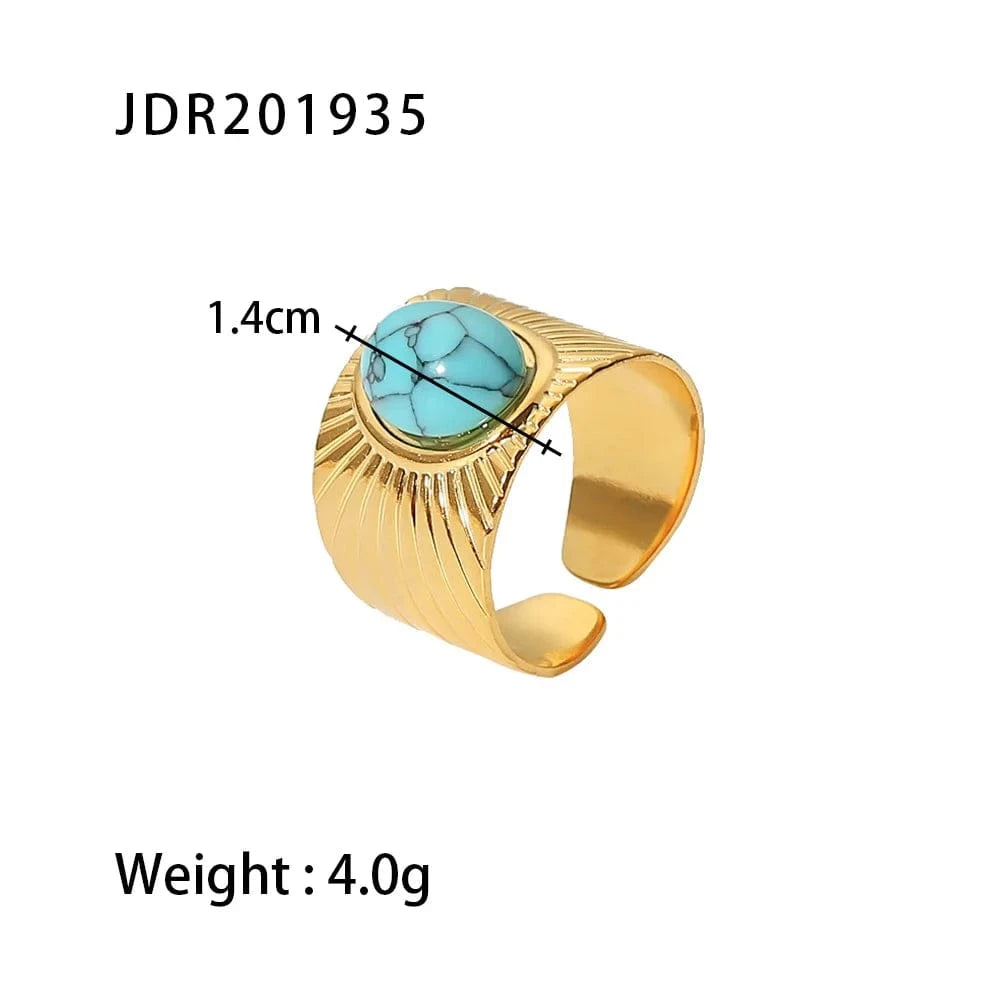 Resizable / Hip hop / R2119 R2119 18k Gold Plated Turquoise Swirl Marks Wide Opening Stainless Steel Rings For Women Jewelry
