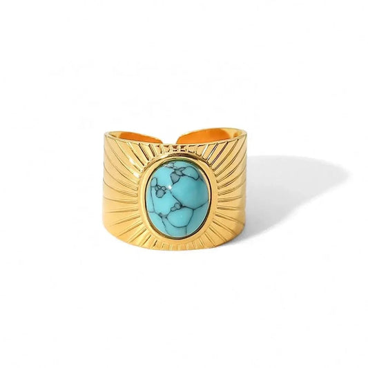 Resizable / Hip hop / R2119 R2119 18k Gold Plated Turquoise Swirl Marks Wide Opening Stainless Steel Rings For Women Jewelry