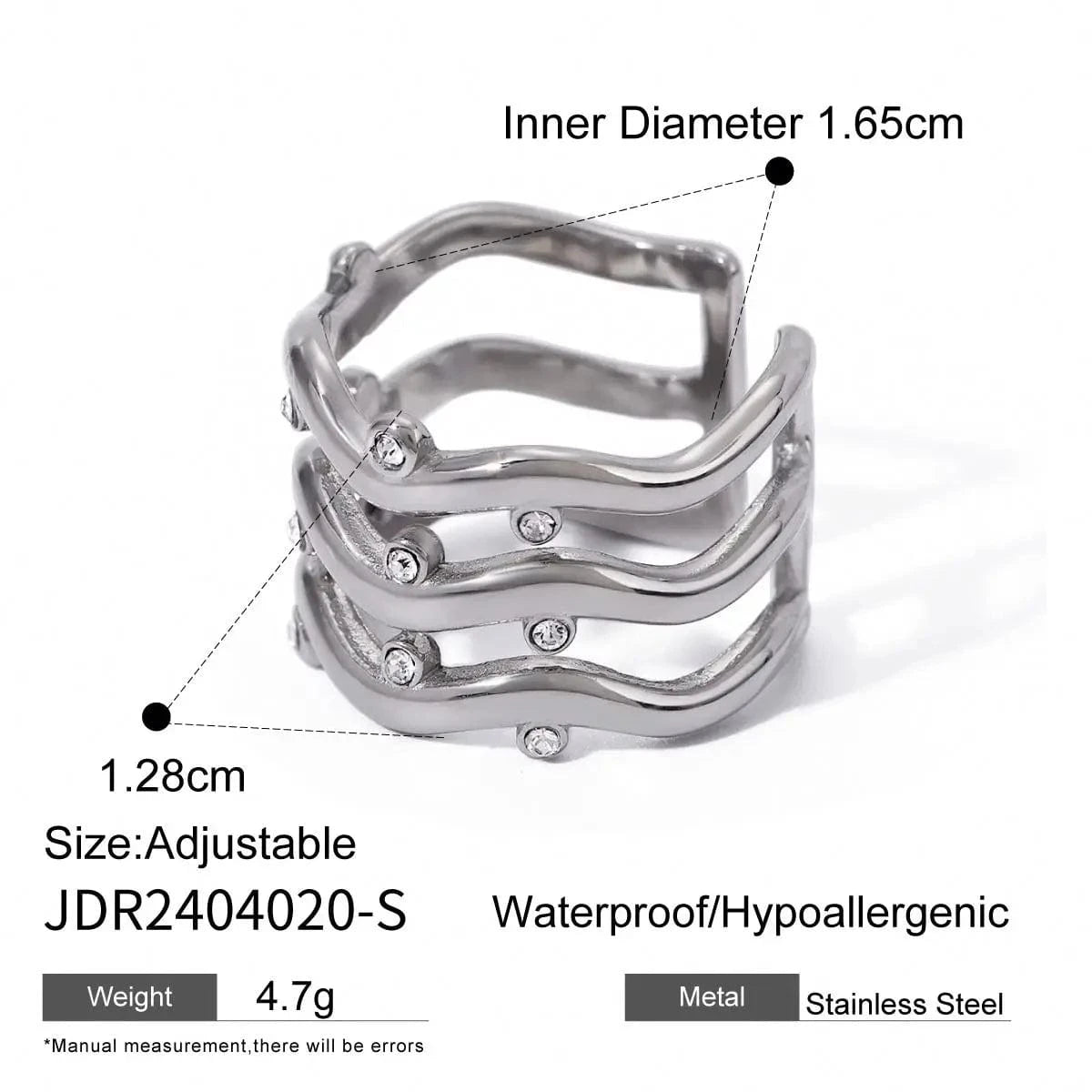 Resizable / Hiphop / R2617 R2617 J&D18K Gold IP Plateding Stainless Steel  Irregular Crystal Round Three Layers Wave Opening Resizable Ring