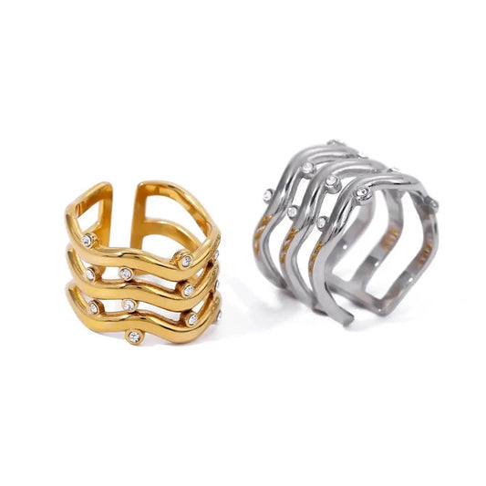 Resizable / Hiphop / R2617 R2617 J&D18K Gold IP Plateding Stainless Steel  Irregular Crystal Round Three Layers Wave Opening Resizable Ring