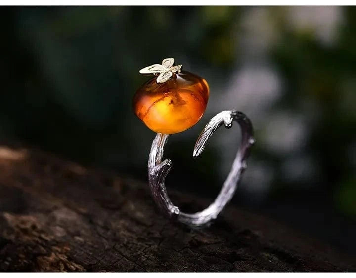 Resizable / LFJD0065B lotus fun Natural Silver Looking Back Butterfly amber ring fine jewelry for women