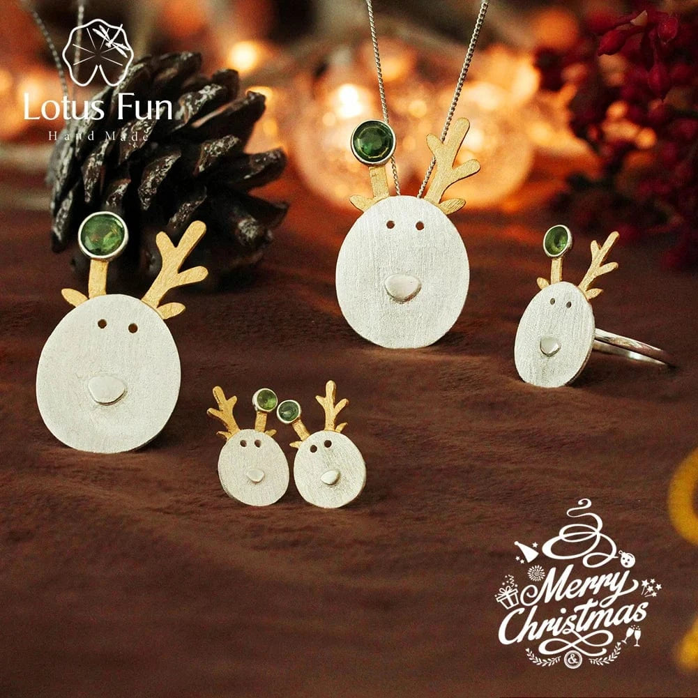 Resizable / LFJS0027-Green-Big Wholesale Handmade 925 Sterling Silver Creative Christmas Joys Cute Reindeer Christmas Jewelry For Ladies