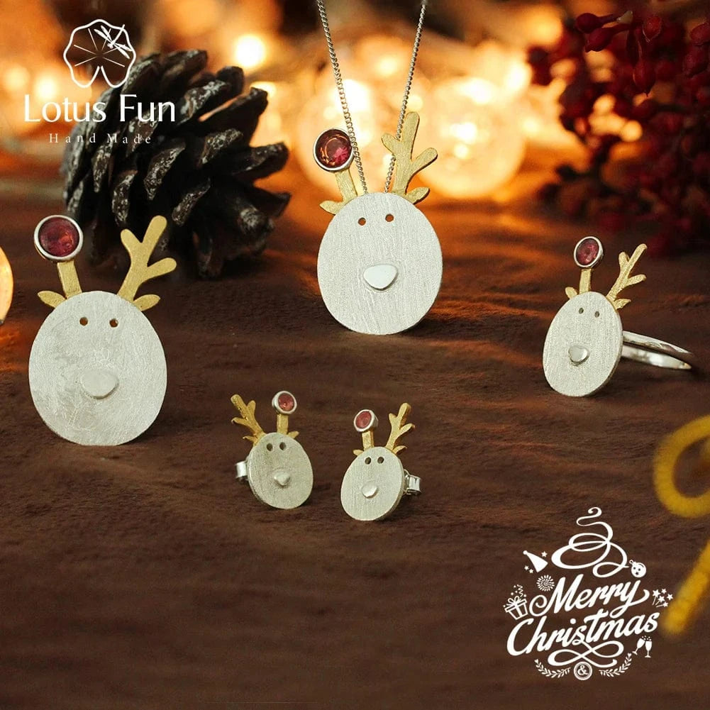 Resizable / LFJS0027-Red-Big Wholesale Handmade 925 Sterling Silver Creative Christmas Joys Cute Reindeer Christmas Jewelry For Ladies