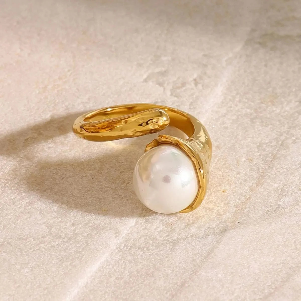 Resizable / minimalist / R2410 R2410 18k Gold Stainless Steel Ins Style Irregular Hammered Pearl Adjustable Open Rings