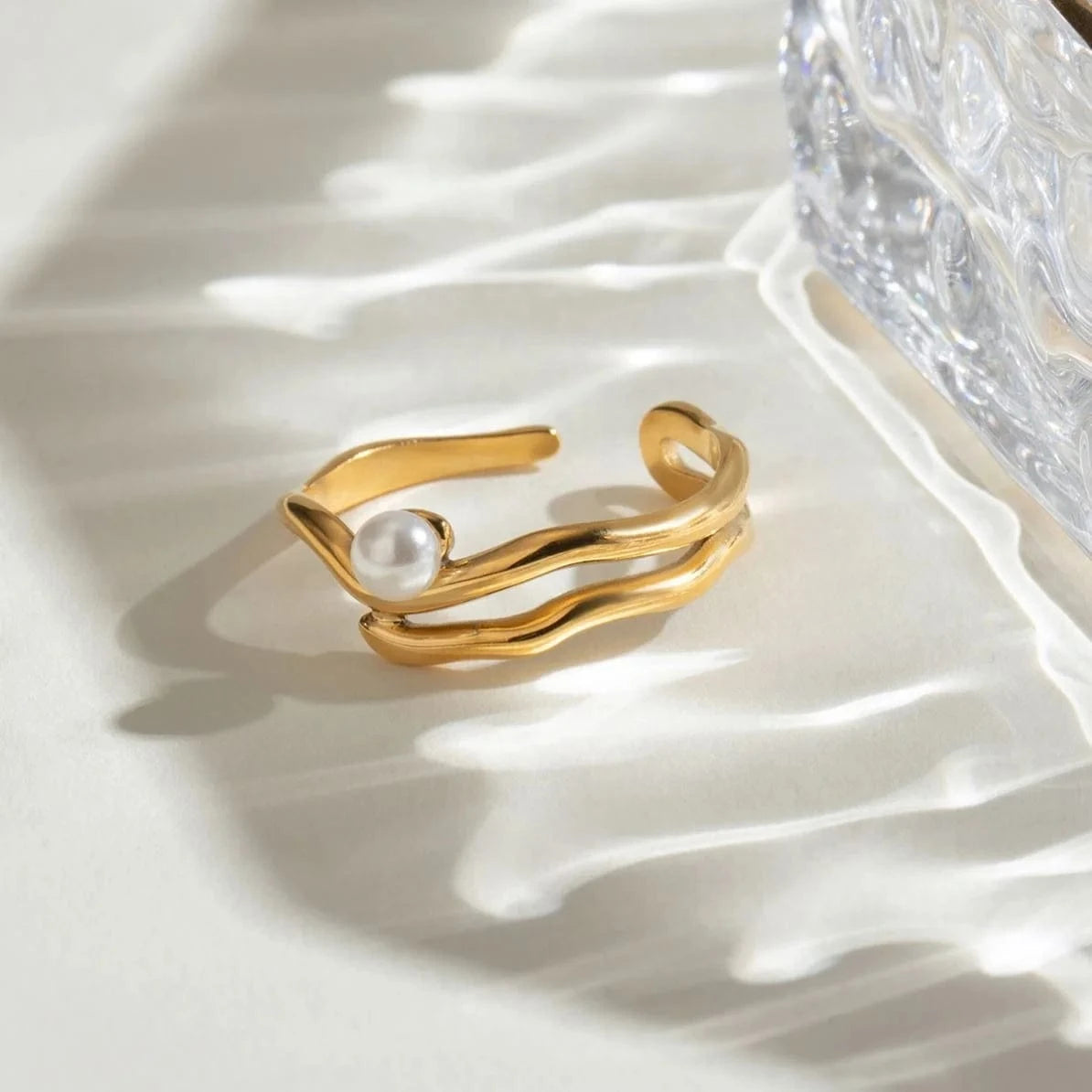 Resizable / minimalist / R2479 R2479 Delicate Women Jewelry 18K Gold Plated Stainless Steel Mother of Pearl Wave Open Adjustable Rings