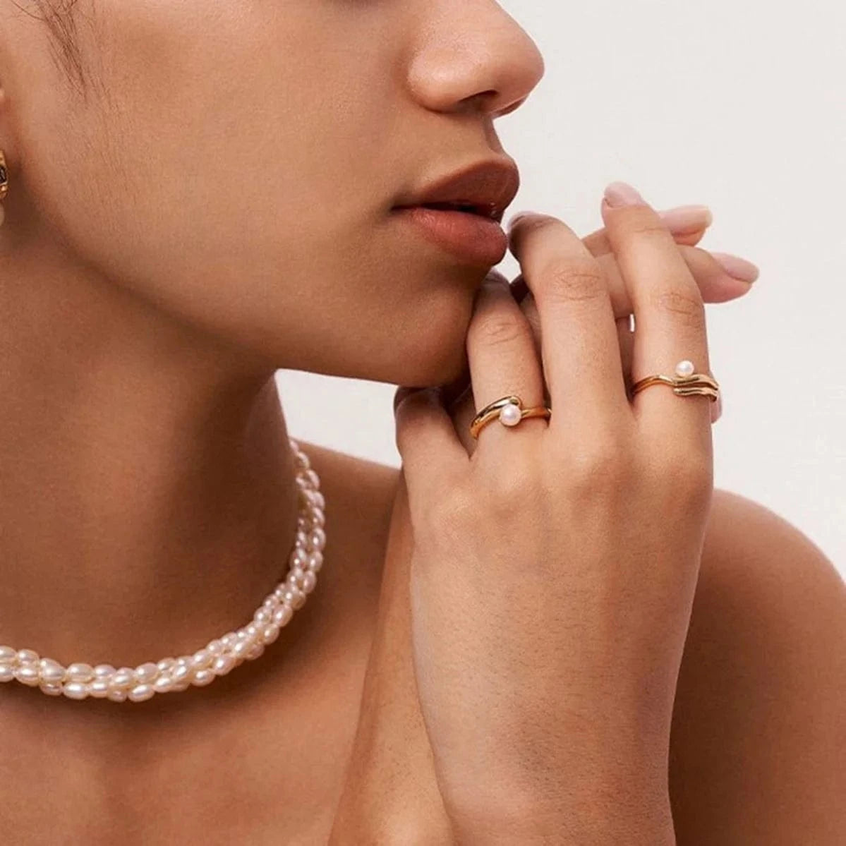 Resizable / minimalist / R2479 R2479 Delicate Women Jewelry 18K Gold Plated Stainless Steel Mother of Pearl Wave Open Adjustable Rings