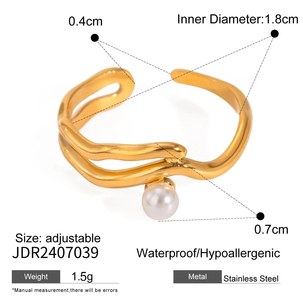 Resizable / minimalist / R2479 R2479 Delicate Women Jewelry 18K Gold Plated Stainless Steel Mother of Pearl Wave Open Adjustable Rings