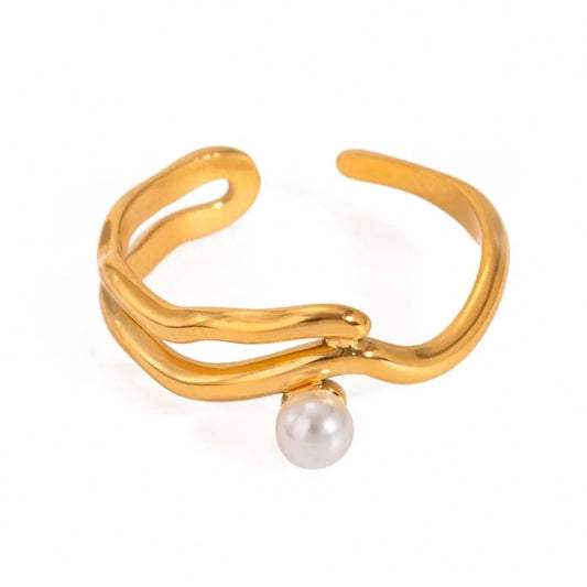 Resizable / minimalist / R2479 R2479 Delicate Women Jewelry 18K Gold Plated Stainless Steel Mother of Pearl Wave Open Adjustable Rings