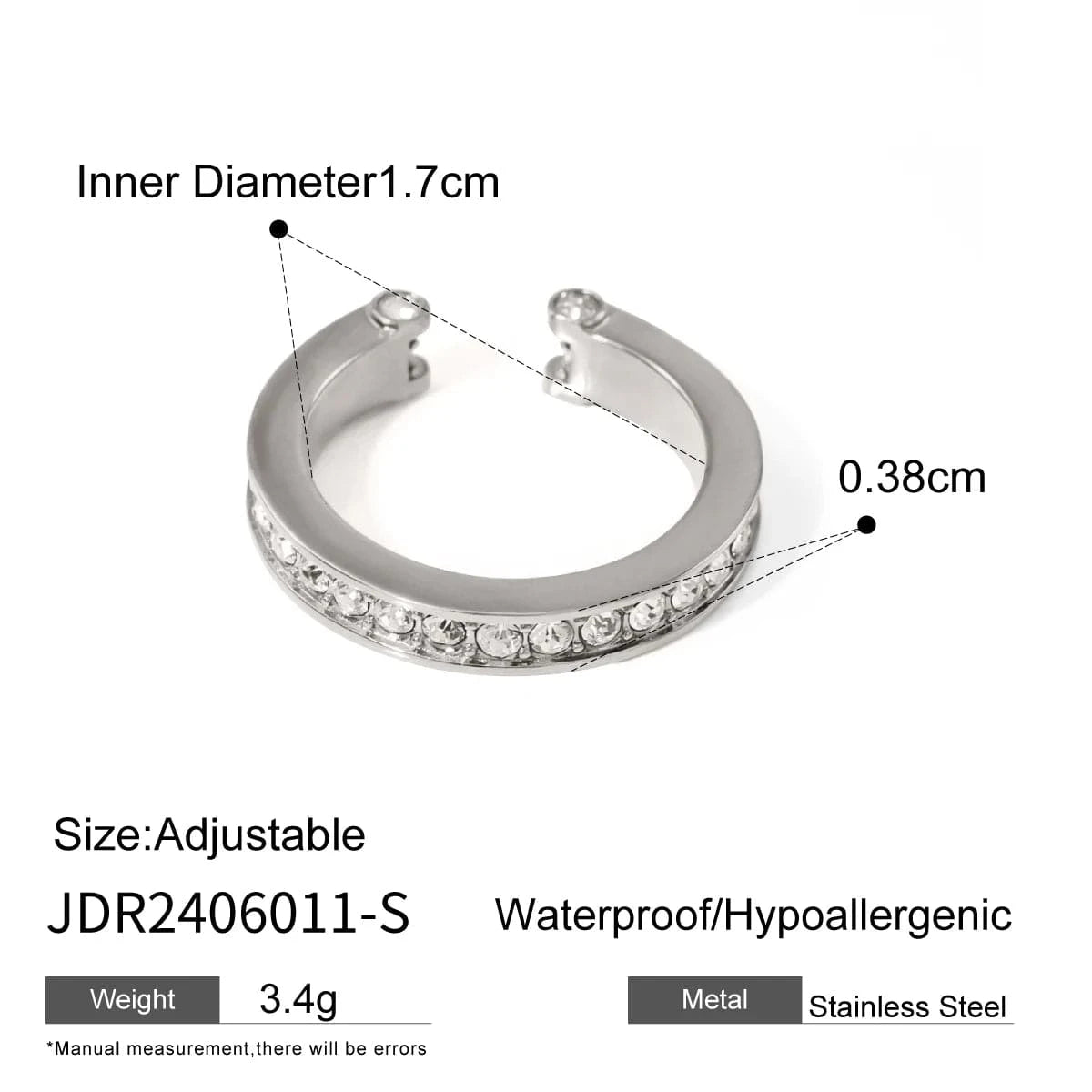 Resizable / minimalist / R2525S R2525 Simple Wedding Stainless Steel Rings 18K Gold Full Rhinestone Open Rings For Women