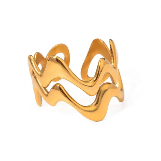 Resizable / minimalist / R2579 R2579 Minimalist Women Stainless Steel Jewelry Rings 18K Gold Plated Double Wave Open Rings
