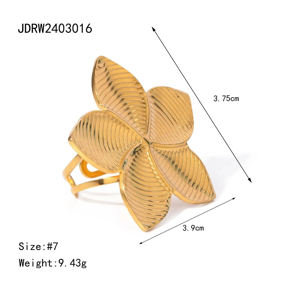 Resizable / minimalist / R2649 R2649 Fashion Jewelry Stainless Steel Rings Women Waterproof 18K Gold Plated Textured Flower Open Ring