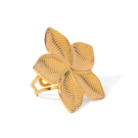 Resizable / minimalist / R2649 R2649 Fashion Jewelry Stainless Steel Rings Women Waterproof 18K Gold Plated Textured Flower Open Ring