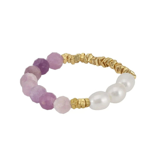 Resizable / MPR03-14K RINNTIN MPR03 New Trendy Pearl Purple Mica Beads Rings Gold Nugget For Women Men Handmade Ring Festival Jewelry