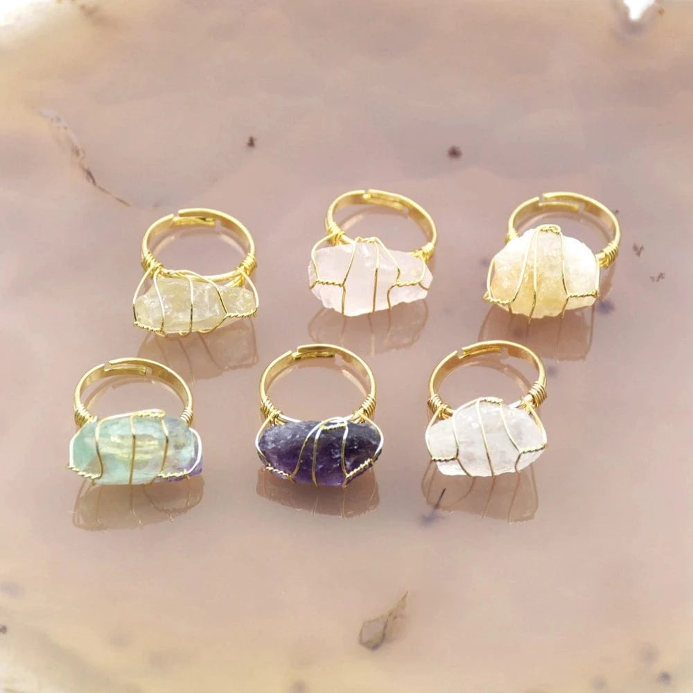 Resizable / Multi New Design Raw Quartz Bohemian Adjustable Crystal Ring Natural gold hand make Wire Wrapped Ring mineral stone Fluorite Jewelry