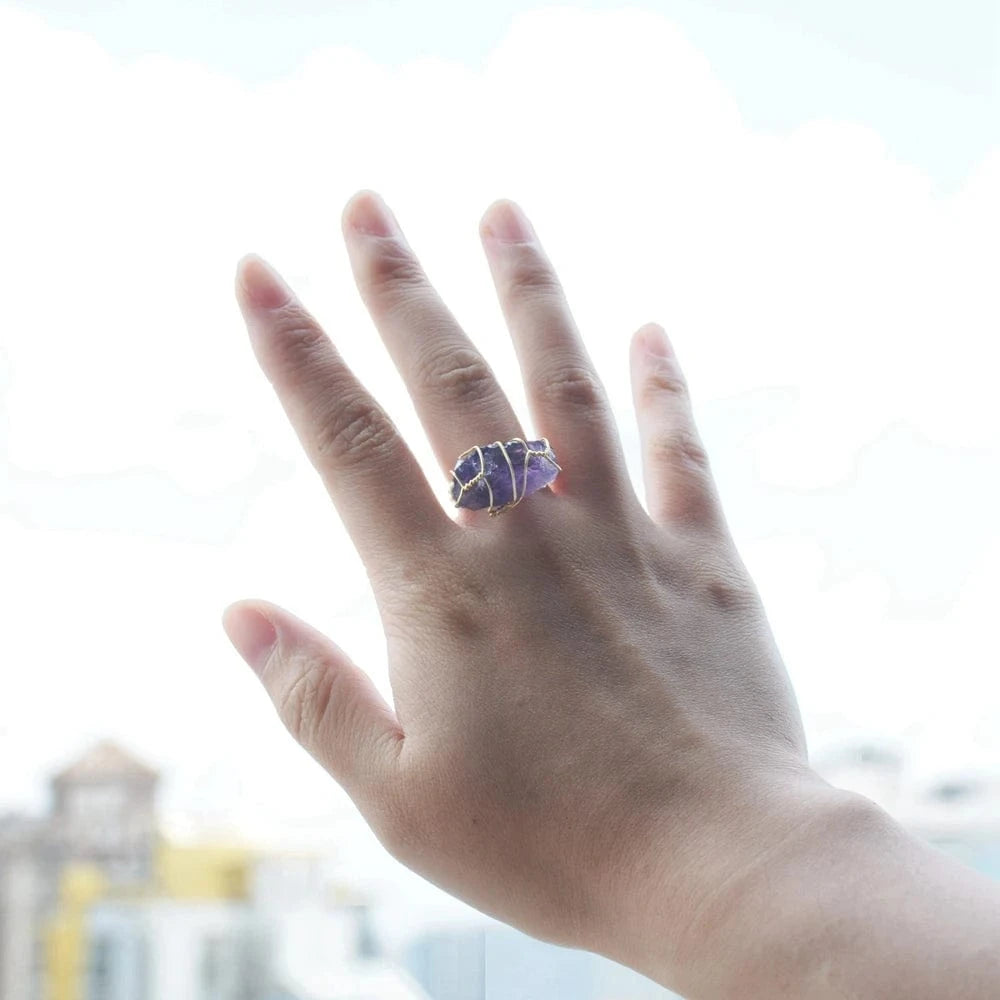 Resizable / Multi New Design Raw Quartz Bohemian Adjustable Crystal Ring Natural gold hand make Wire Wrapped Ring mineral stone Fluorite Jewelry