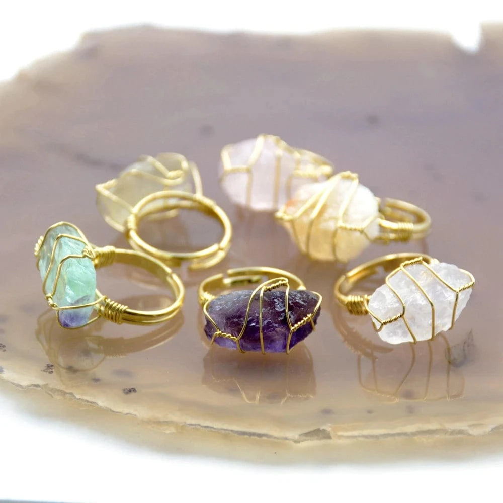 Resizable / Multi New Design Raw Quartz Bohemian Adjustable Crystal Ring Natural gold hand make Wire Wrapped Ring mineral stone Fluorite Jewelry