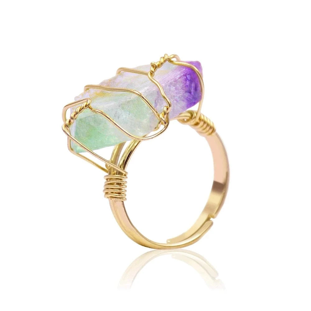 Resizable / Multi New Design Raw Quartz Bohemian Adjustable Crystal Ring Natural gold hand make Wire Wrapped Ring mineral stone Fluorite Jewelry