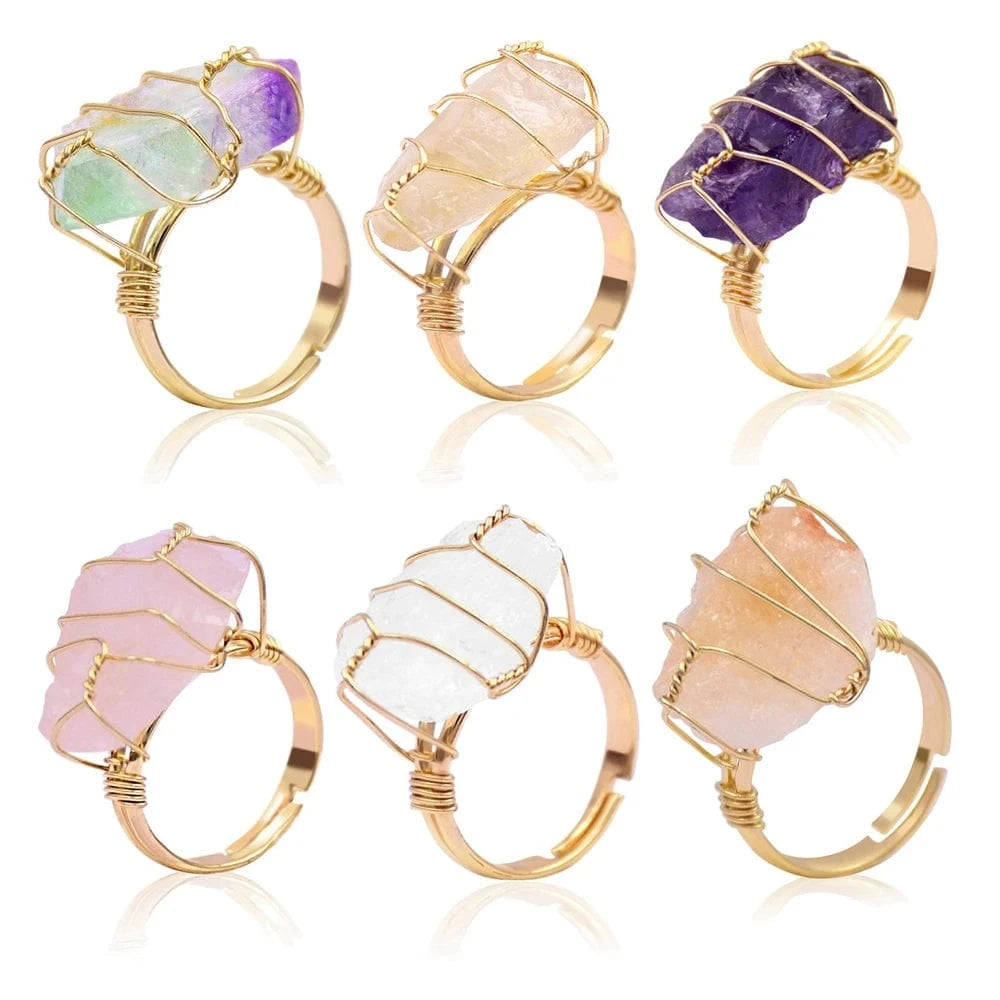 Resizable / Multi New Design Raw Quartz Bohemian Adjustable Crystal Ring Natural gold hand make Wire Wrapped Ring mineral stone Fluorite Jewelry
