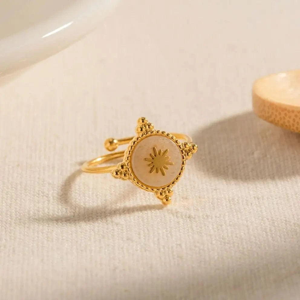 Resizable / R1908 R1908 Waterproof Stainless Steel 18K Gold Plated Jewelry Gift Opening Disc Natural Gemstone Star Rings for Girls