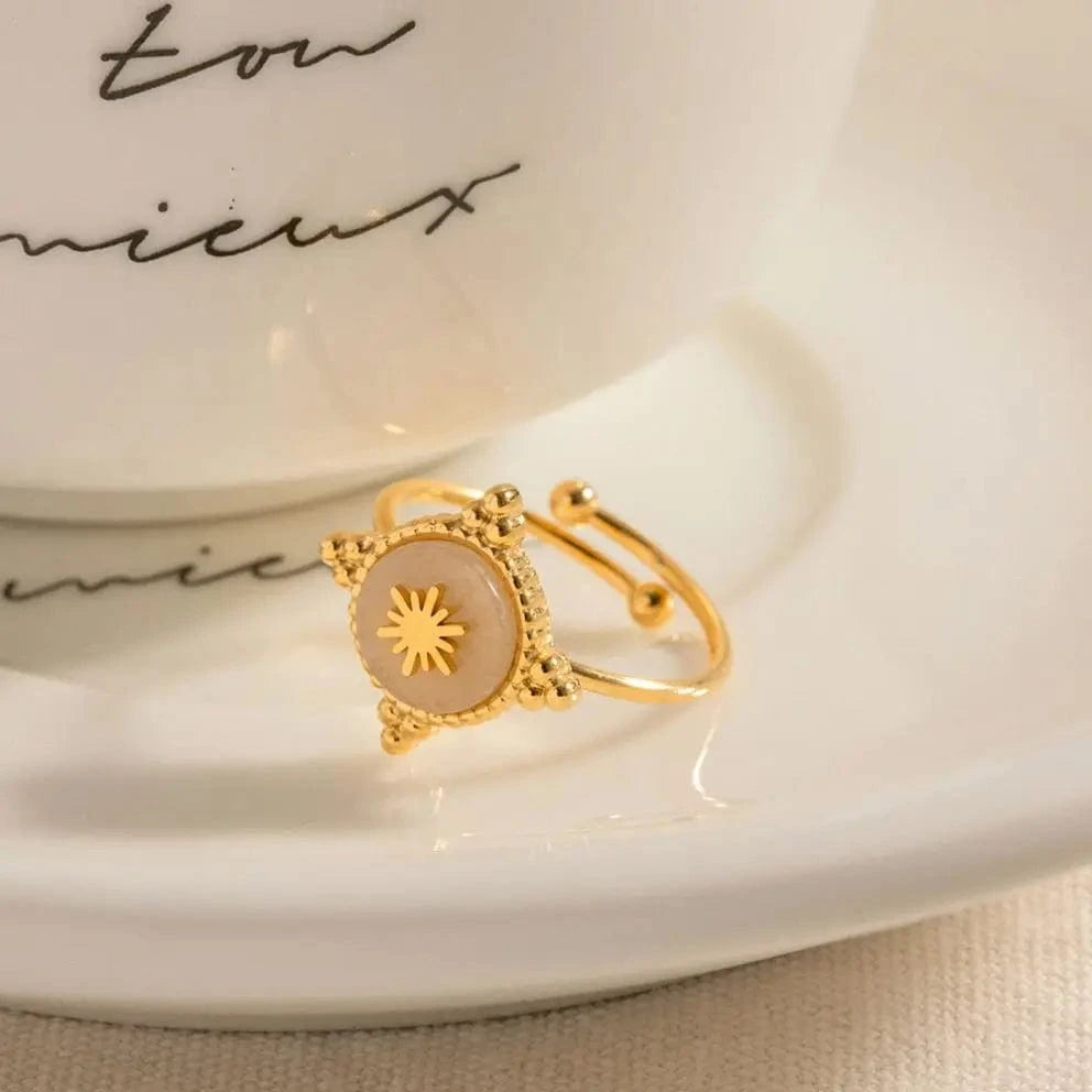 Resizable / R1908 R1908 Waterproof Stainless Steel 18K Gold Plated Jewelry Gift Opening Disc Natural Gemstone Star Rings for Girls
