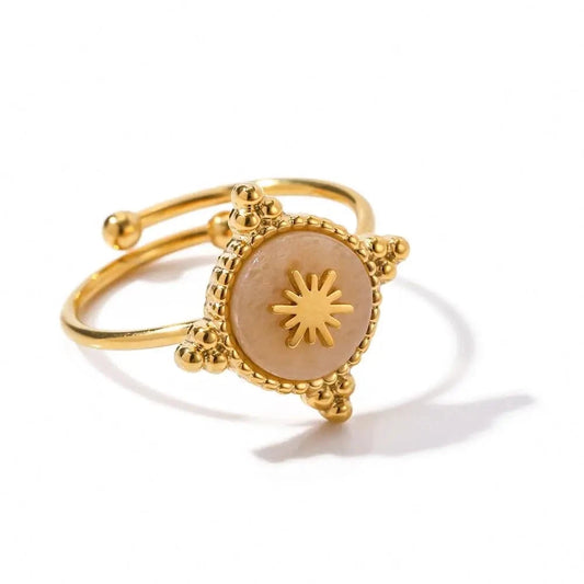 Resizable / R1908 R1908 Waterproof Stainless Steel 18K Gold Plated Jewelry Gift Opening Disc Natural Gemstone Star Rings for Girls