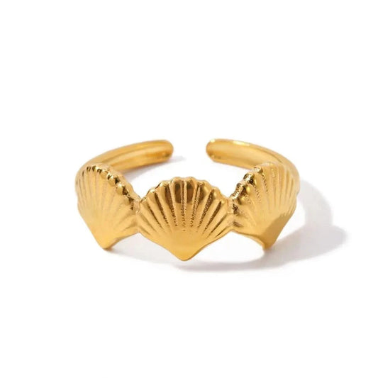 Resizable / R1913 R1913 Wholesale Stainless Steel 18K Gold Plated Jewelry Gift Stacking Lovely Opening Scallop Shell Rings
