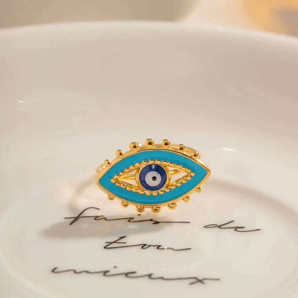 Resizable / R1930 R1930 Luxury Jewelry 18K Gold Plated Evil Eyes Ring Stainless Steel Blue Enamel Eye Adjustable Rings for Women