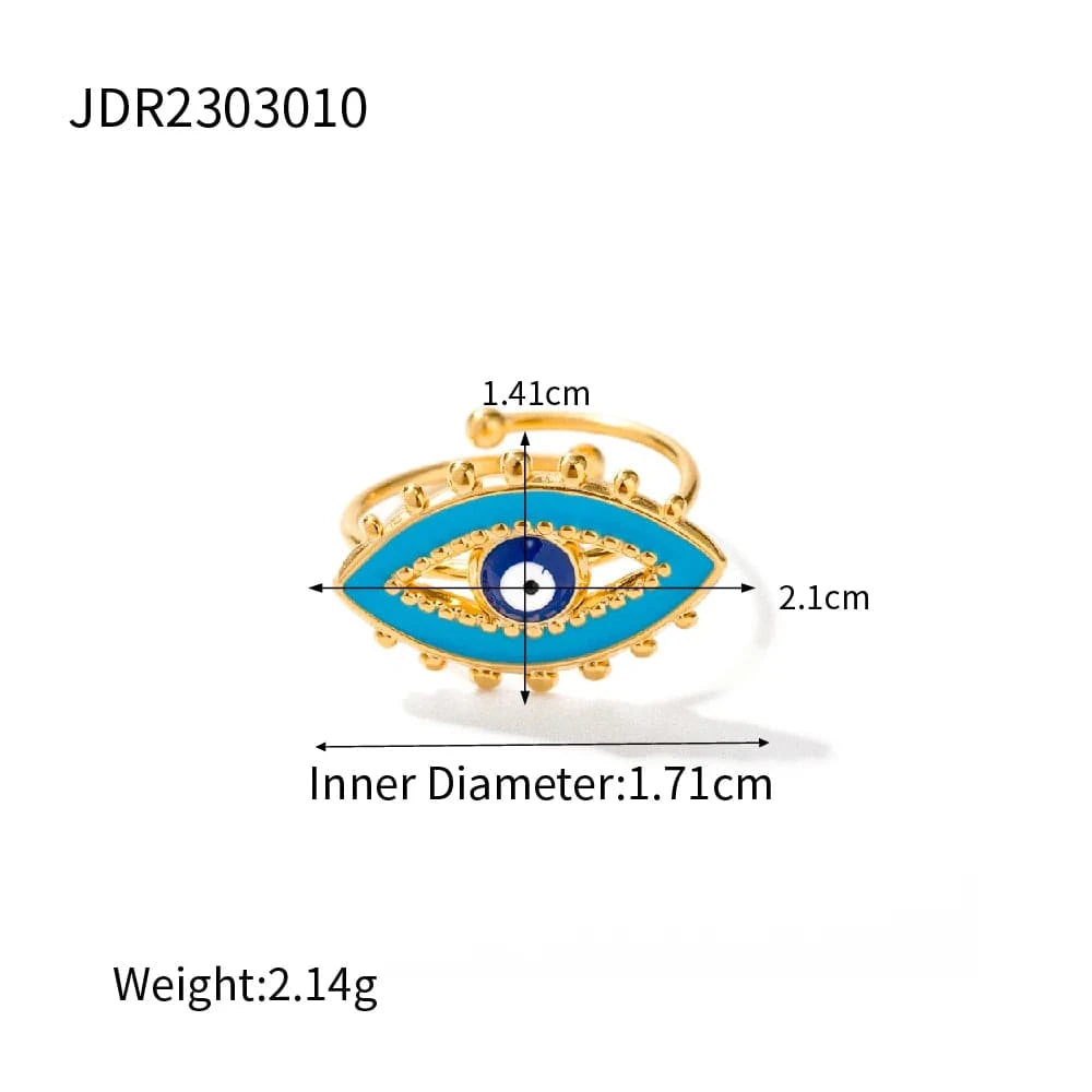 Resizable / R1930 R1930 Luxury Jewelry 18K Gold Plated Evil Eyes Ring Stainless Steel Blue Enamel Eye Adjustable Rings for Women