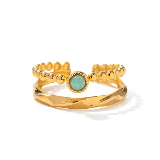 Resizable / R1940 R1940 Stainless Steel 18K Gold Plated Opening Ring Gift Natural Amazon Stone Double Layer Rings for Women