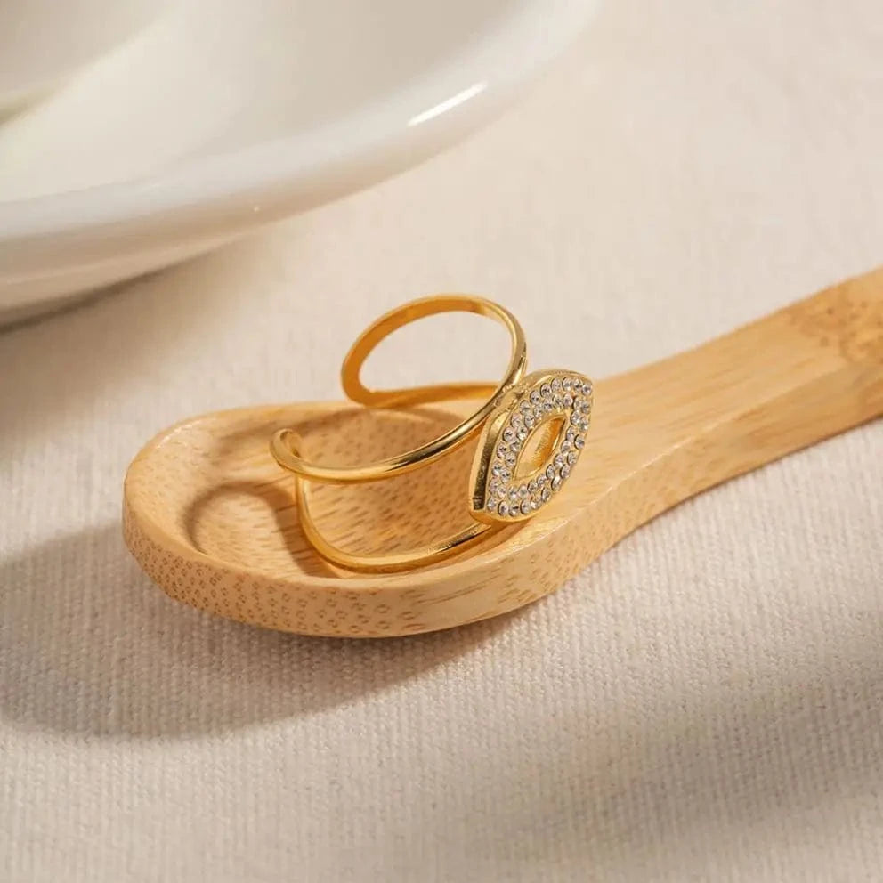 Resizable / R1941 R1941 Dainty 18K Gold Plated Zircon Layered Ring Stainless Steel Double Layer Oval Cubic Zirconia Open Ring for Women