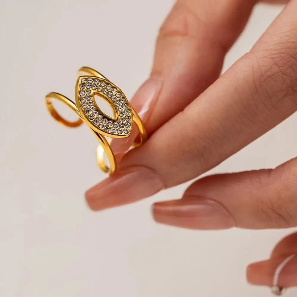 Resizable / R1941 R1941 Dainty 18K Gold Plated Zircon Layered Ring Stainless Steel Double Layer Oval Cubic Zirconia Open Ring for Women