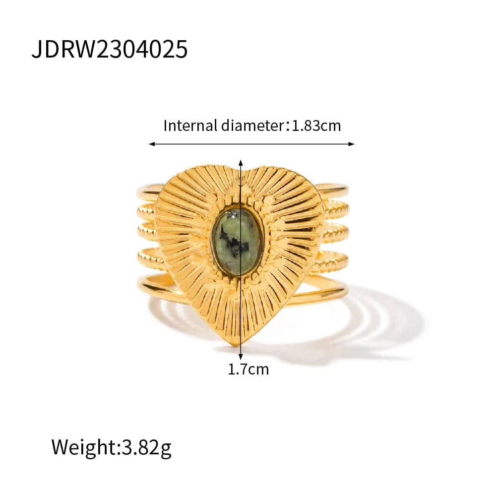 Resizable / R1945 R1945 Stainless Steel 18K Gold Plated Opening Ring Gift Mulit Layer Texture Natural African Stone Heart Rings