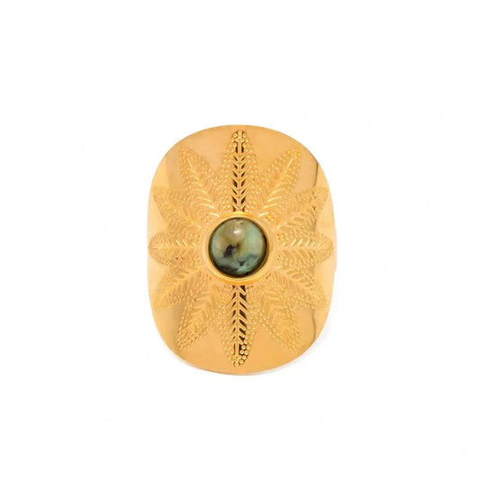 Resizable / R1985 R1985 Vintage Stainless Steel 18K Gold Plated Opening Ring Gift Exaggerate Wide African Turquoise Rings