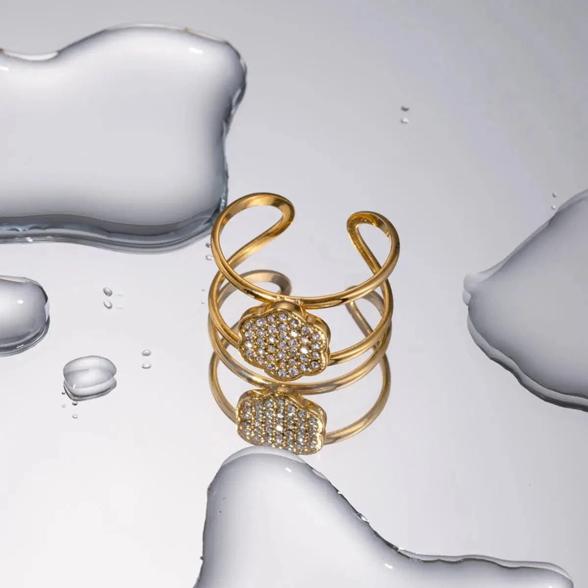 Resizable / R1999 R1999 Waterproof Opening Stainless Steel Jewelry Gift Charm 18K Gold Plated Double Layer Full Round Cubic Zirconia Rings