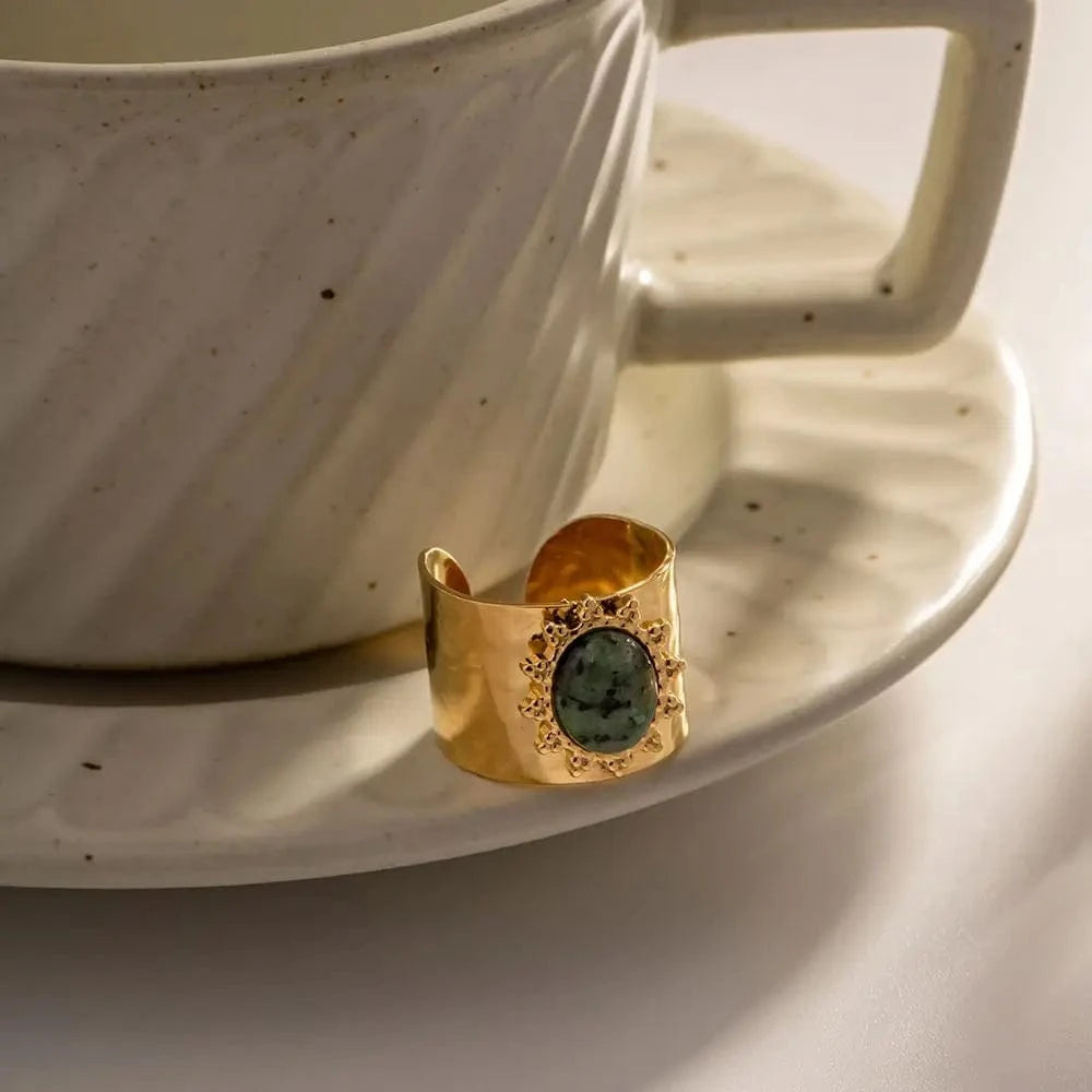 Resizable / R2007 R2007 Trendy Stainless Steel Jewelry Gift Charm 18K Gold Plated Wide Natural African Turquoise Finger Rings