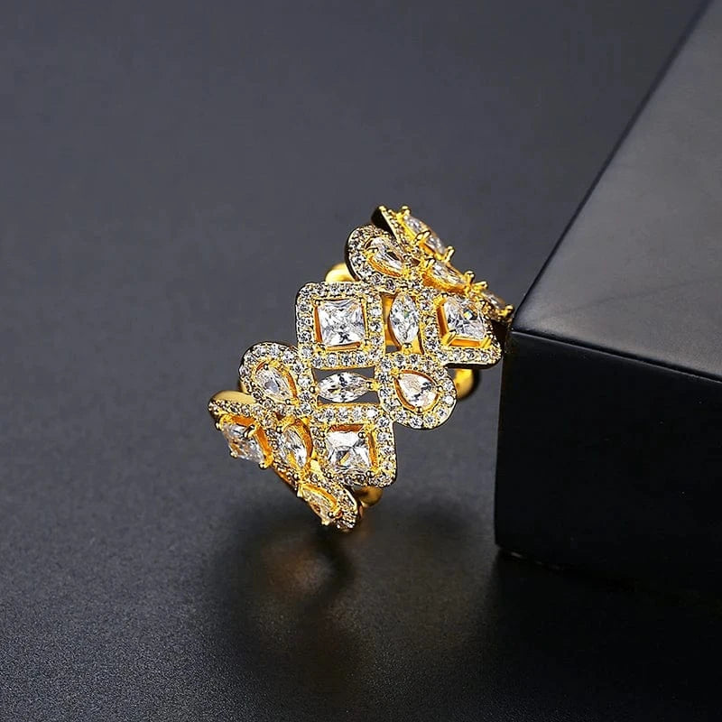 Resizable / R20082105-18K LUOTEEMI Geometry Glitter Cubic Zirconia Wedding Open Rings for Elegant Women Engagement Party Jewelry Rings Jewelry Women