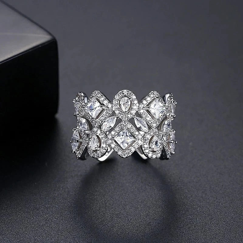 Resizable / R20082105-Rh LUOTEEMI Geometry Glitter Cubic Zirconia Wedding Open Rings for Elegant Women Engagement Party Jewelry Rings Jewelry Women